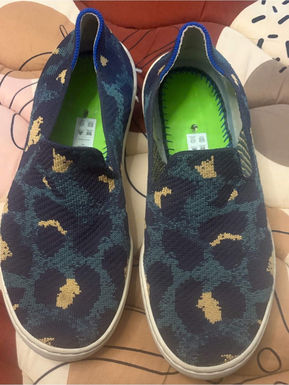 Rothy's Navy Teal Floral Knit Slip-On Sneakers with Gold Details